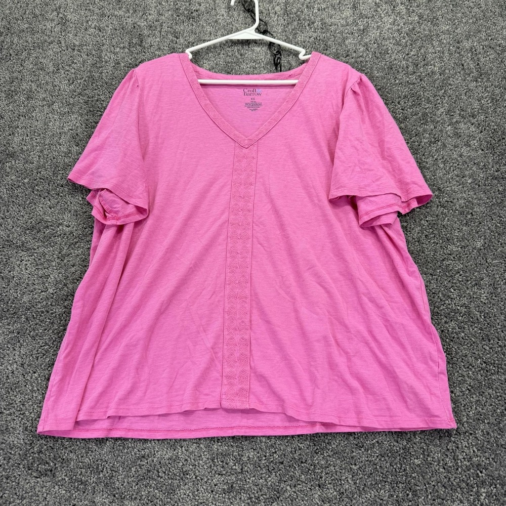 Croft & Barrow Shirt Womens XXL Pink Short Sleeve V Neck Crochet Trim Casual